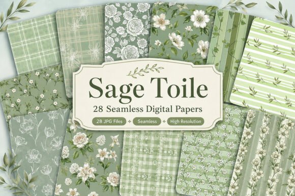 Download Sage Toile Digital Paper Pack, Vintage - Oil Collection